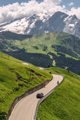 Wall Mural - Idyllic Alps with road on green mountain hill