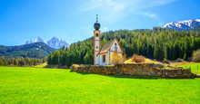 Dolomite Alps. St Johann Church in Santa Maddalena, Val Di Funes, Dolomites, Italy.