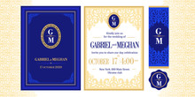 Navy Dark Deep Blue Template Invitation With Golden Corner. Wedding Greeting With Vintage Ornament. Printable Elegant Invite Card. Damask Beige Vector Lace. Monogram Logo Oval Royal Emblem. Vip Event