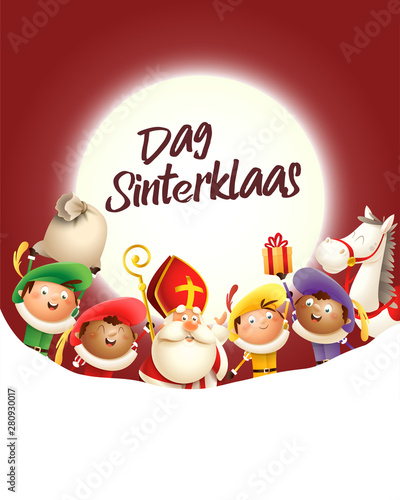 Fotomural Saint Nicholas and his friends celebrate holiday in front of moon - Dag Sinterkl