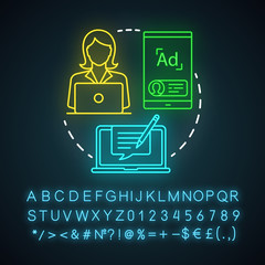 Poster - Blog neon light icon. Channels for SEO. Discussion and informational website. Blogger, copywriter, influencer. Glowing sign with alphabet, numbers and symbols. Vector isolated illustration