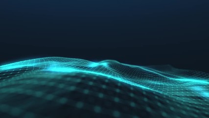 3d animation small turquoise information units connected into perfect moving illuminated winding net