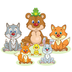 Poster - Portrait of cute forest animals that sit in the meadow.  Bear, wolf, fox, squirrel, bunny, frog and chick.  In cartoon style. Isolated on white background.