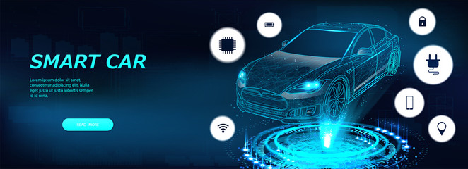 Wall Mural - isometric smart car illustration. iot electric machine. autonomous car vehicle with icons infographi