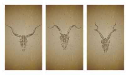 Vector set of three illustrations with grunge silhouettes skulls antelopes and goat on old texture background. Vintage sketch in sepia color.