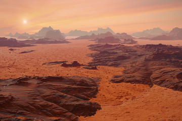 Wall Mural - landscape on planet mars, scenic desert scene on the red planet
