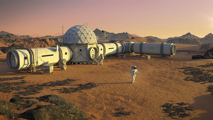 Wall Mural - mars base with astronauts, habitat in martian landscape