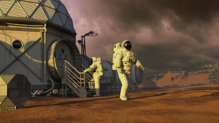 Wall Mural - mars base with astronauts, station on the surface of the red planet