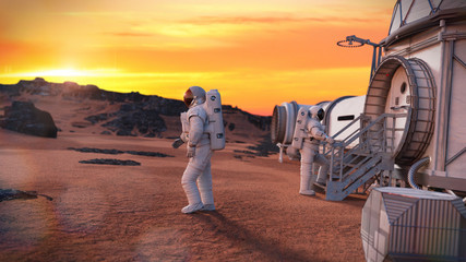 Wall Mural - astronauts around a mars base, research habitat on the surface of the red planet