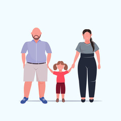 Wall Mural - fat overweight family holding hands obese mother father and daughter standing together over size female male cartoon characters having fun full length flat