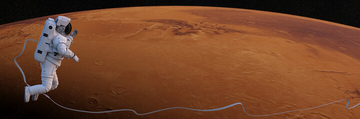 Wall Mural - astronaut waving during a space walk in orbit of planet mars