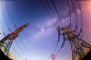 The outline of the power supply facilities and stars at night