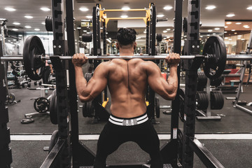 Poster - Man at the gym. Execute exercise squatting with weight, in gym