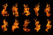 canvas print picture - Fire flames collection isolated on black background, movement of fire flames