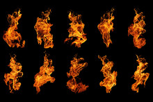 Fire Flames Collection Isolated On Black Background, Movement Of Fire Flames
