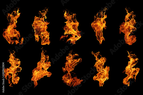 Fotomural Fire flames collection isolated on black background, movement of fire flames