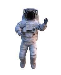astronaut waving during space walk, isolated on white background