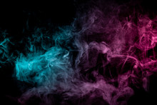 Colored Background With Winding Clouds Of Smoke From Patterns Of Different Forms Of Pink, Green And Blue Colors With Tongues Of Flame On A Black Isolated Background. Print For T-shirt.