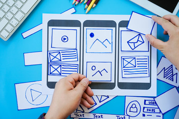 Wall Mural - creative ux designer hands designing screens for mobile responsive website development with ui/ux.