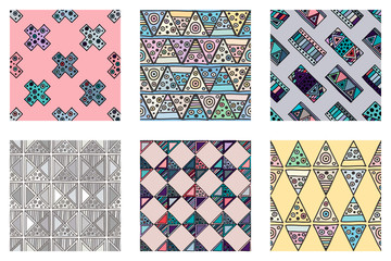 Wall Mural - Seamless vector pattern. geometrical background with hand drawn decorative tribal doodle elements. Print with ethnic, folk, geometrical motifs. Graphic geometric illustration, squres, dots, rectangles