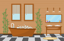 Japanese Bathroom Residential Traditional Style Wood Accent Interior Illustration