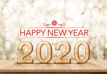 Poster - Red happy new year 2020 (3d rendering ) on white marble table with sparkling gold bokeh wall,banner for display or montage of product for holiday promotion and advertise for new year eve.