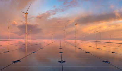 Wall Mural - clean energy concept, photovoltaic panels and wind turbines