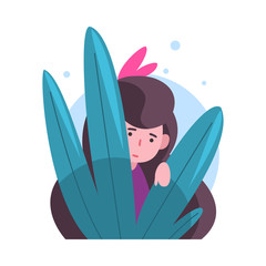 Wall Mural - Cute Long Haired Brunette Girl Hiding in Bushes, Adorable Kid Peeking Out of Colorful Dense Grass, Bright Imaginary World Vector Illustration