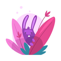 Wall Mural - Cute Funny Bunny Hiding and Peeking Out of Colorful Dense Grass Vector Illustration