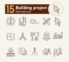 Wall Mural - Building project line icon set. Floor plan, layout, compass, ruler. Architecture concept. Can be used for topics like engineering, measurement, construction