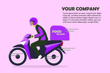 Icon Or Cartoon Character Flat Style Of Motorcycle Rider, Transportation, Courier, Food Delivery Services For Banner, Poster Advertising Or Promotion Design. Copy Space.