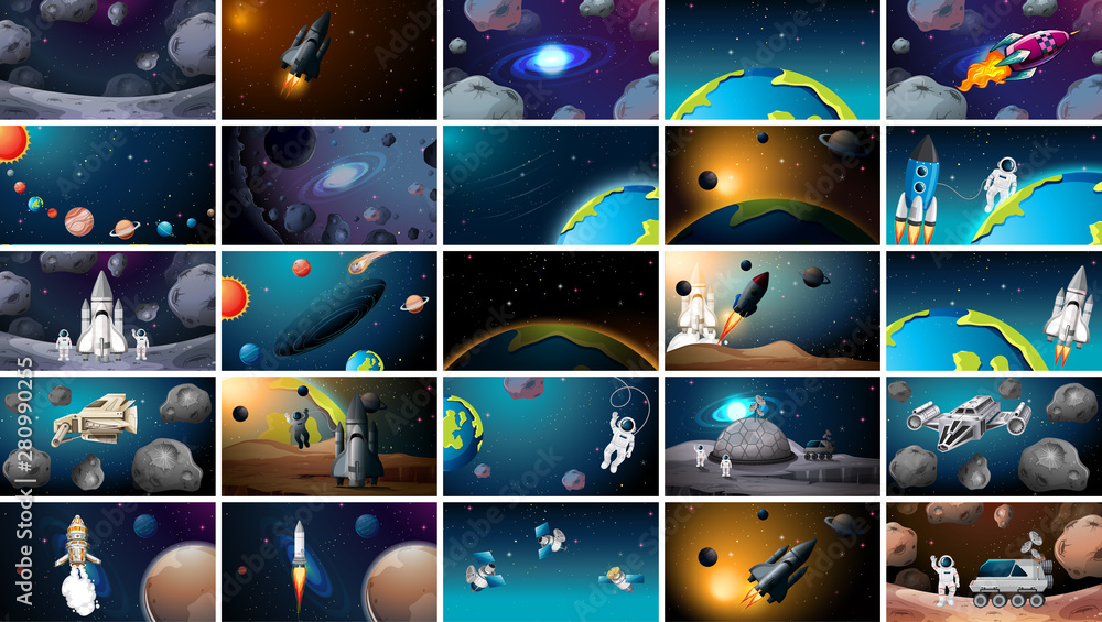 Large set of different space scenes - obrazy, fototapety, plakaty 