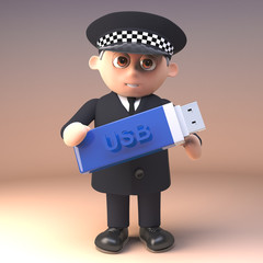 Cartoon policeman police officer in 3d carrying a thumb drive usb memory stick, 3d illustration