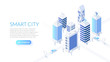 Isometric smart city illustration. Business center with skyscrapers and intelligent buildings. Streets of the city connected to computer network. Internet of things concept.