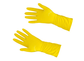 Wall Mural - Yellow rubber gloves isolated on a white background. Hand protection gloves on white background. Hand protection yellow gloves