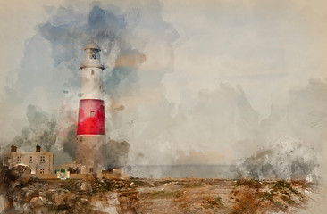  Digital watercolour painting of Victorian lighthouse on promontory of rocky cliffs during stunning colorful sunset