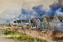 Digital watercolour painting of Lovely beach huts on sand dunes and beach landscape