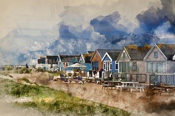 Wall Mural - digital watercolour painting of lovely beach huts on sand dunes and beach landscape