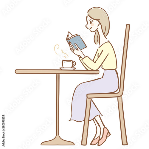 カフェで読書をする女性のイラスト Buy This Stock Vector And