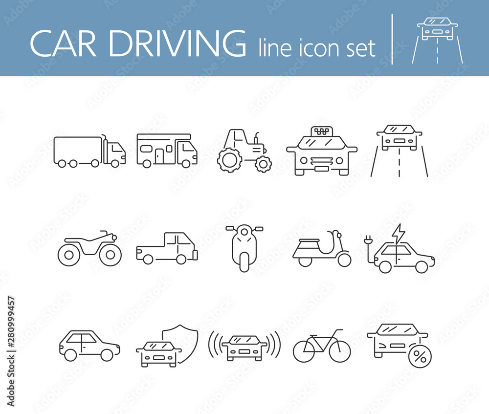 Car driving line icon set. Camper, bike, electric car. Transport ...