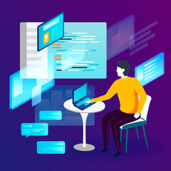 vector concept illustration - man with notebook, easely working with code. modern bright banner temp