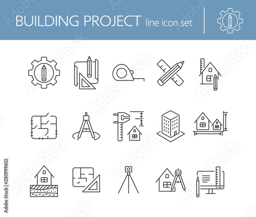 Building Project Line Icon Set Floor Plan Layout Compass Ruler