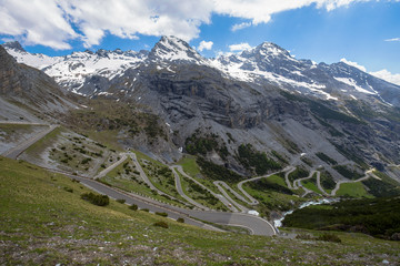 View from the Stelvio Pass, the highest automobile pass in Italy, 2758 metres , located between Trentino-Alto Adige and Lombardy, Italy.