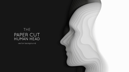 Wall Mural - vector 3d abstract paper cut human head. monochrome carving art. paper craft head profile with gradi