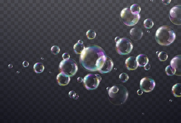 Poster - Soap bubble with rainbow colors isolated on transparent background. Realistic vector water foam elements set. Colorful iridescent balls or spheres template.