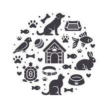 Pet Shop Vector Circle Banner With Flat Silhouette Icons. Dog House, Cat Food, Bird, Rabbit, Fish, Animal Paw, Bowl Illustrations. Signs For Veterinary Poster Isolated On White Background