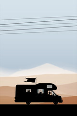 Sticker - Cartoon retro car on road in autumn. Vector illustration with silhouette of man traveling in camper. Family road trip. Background with mountain foggy landscape