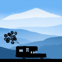 Sticker - Cartoon retro car on road in winter. Vector illustration with silhouettes of woman traveling in camper. Family road trip. Background with mountain foggy landscape