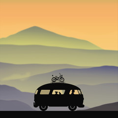 Sticker - Cartoon retro car on road at morning. Vector illustration with silhouettes of people and cat traveling in camper. Family road trip. Background with mountain foggy landscape