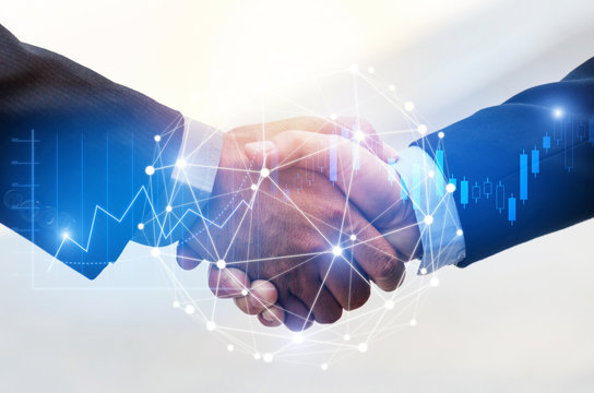 Deal. business man shaking hands with effect global network link connection and graph chart of stock market graphic diagram, digital technology, internet communication, teamwork, partnership concept